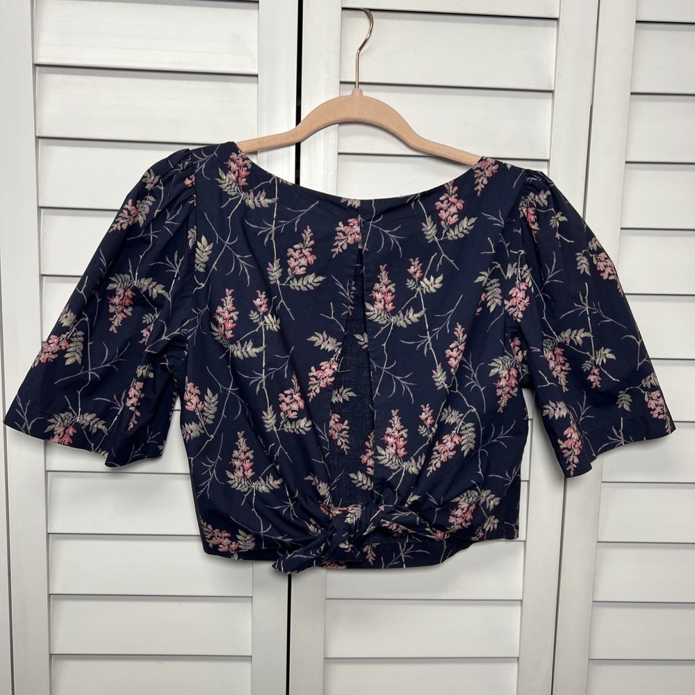 Rebecca Taylor Ivie Floral Tie Back Puff Sleeve Crop Top Size Small Navy - Picture 5 of 8